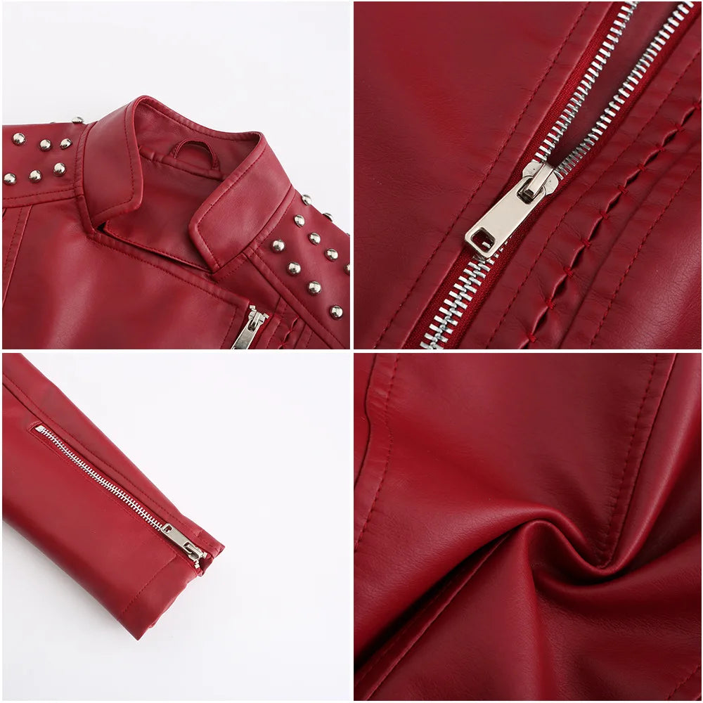 Women's Punk Rivet Collar Slim Casual Ladies Leather Jacket