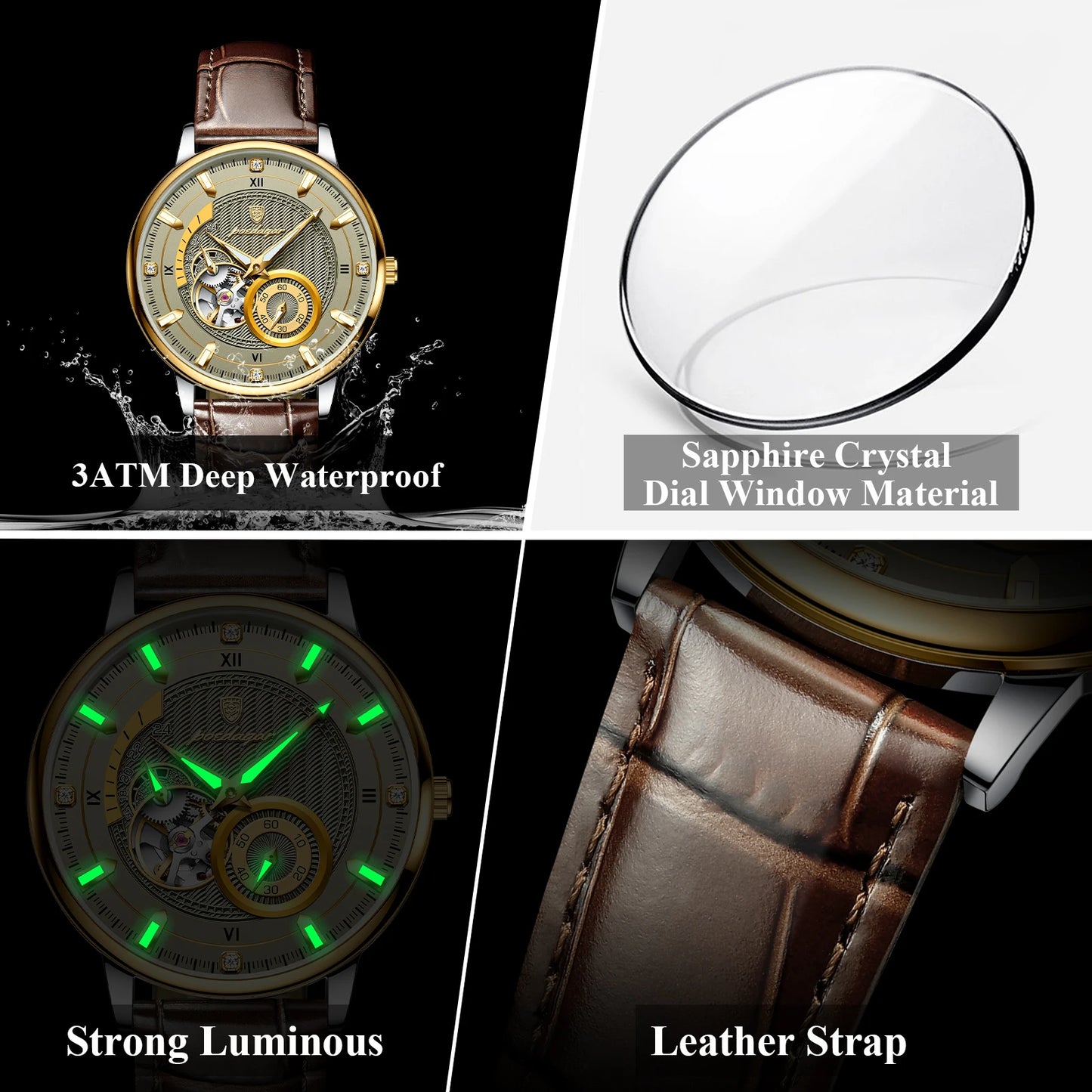 POEDAGAR Sports Luxury Men Clock Waterproof Luminous leather Man Watch