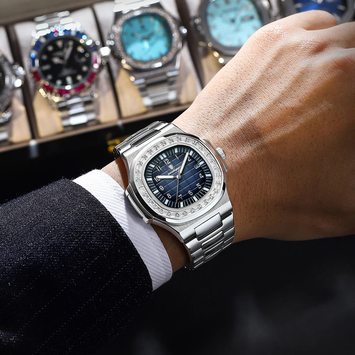 POEDAGAR Luxury Square Watches for Men Waterproof Luminous Date Man Wristwatch