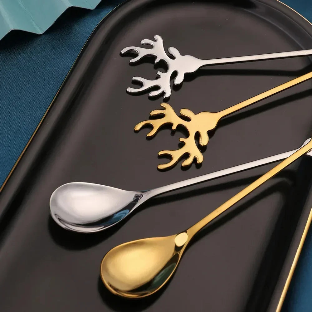 4pcs Christmas Elk Head Shape Stainless Coffee Spoon Christmas Decoration