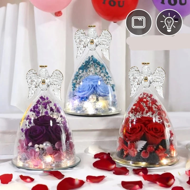 Angel Rose Figurines Gifts Eternal Flowers In Glass Little Angel For Women