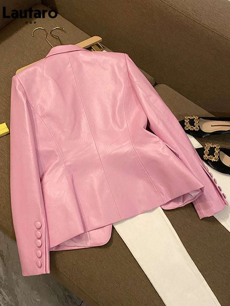 Stylish Short Pink Soft Pu Leather Long Sleeve Slim Fit Jackets for Women