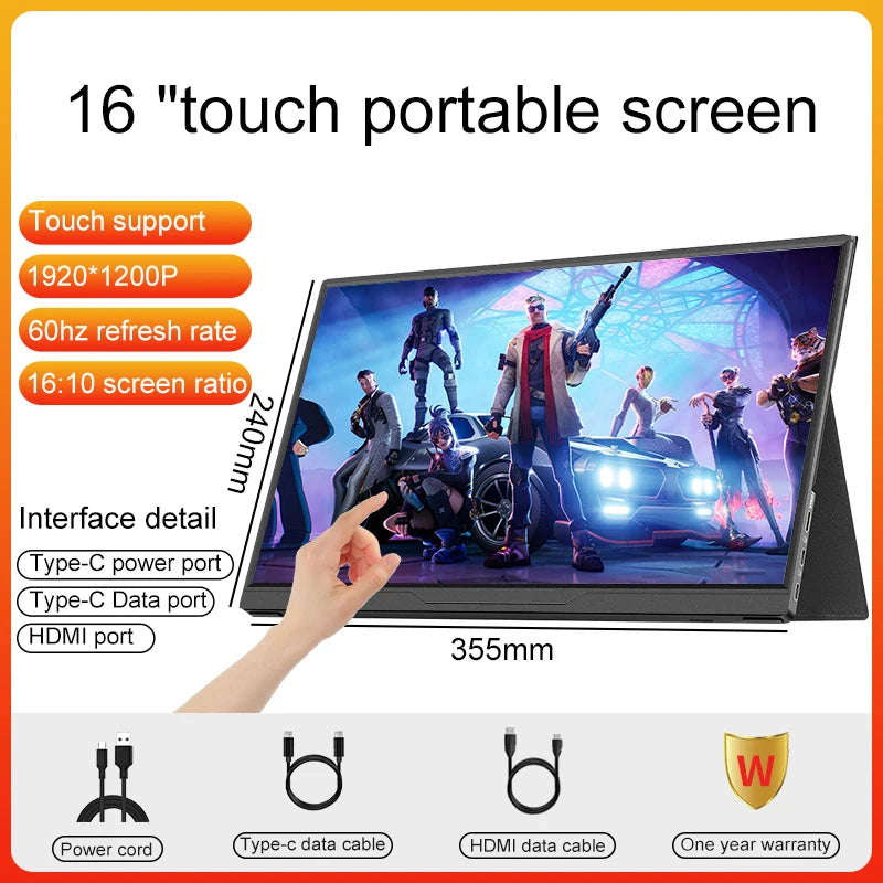 16inch Mobile Portable Monitor Touchscreen IPS Second Game Screen Extended Display