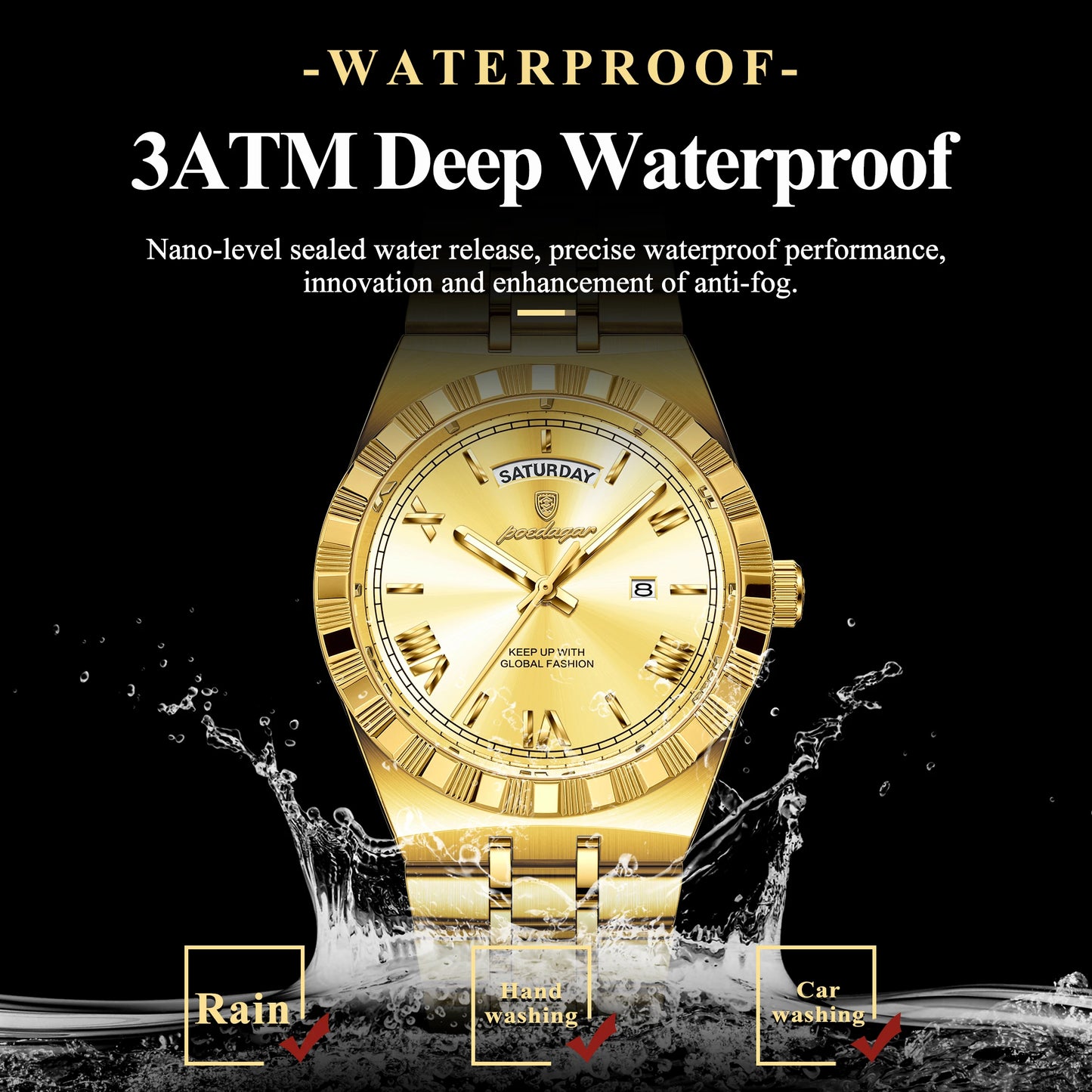 POEDAGAR Original Luxury Man Watch Week Date Luminous Waterproof Watches