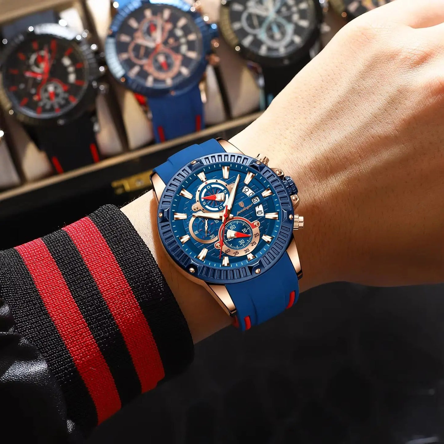 POEDAGAR Luxury Men Watch Silicone Strap Chronograph Date Man Wristwatch
