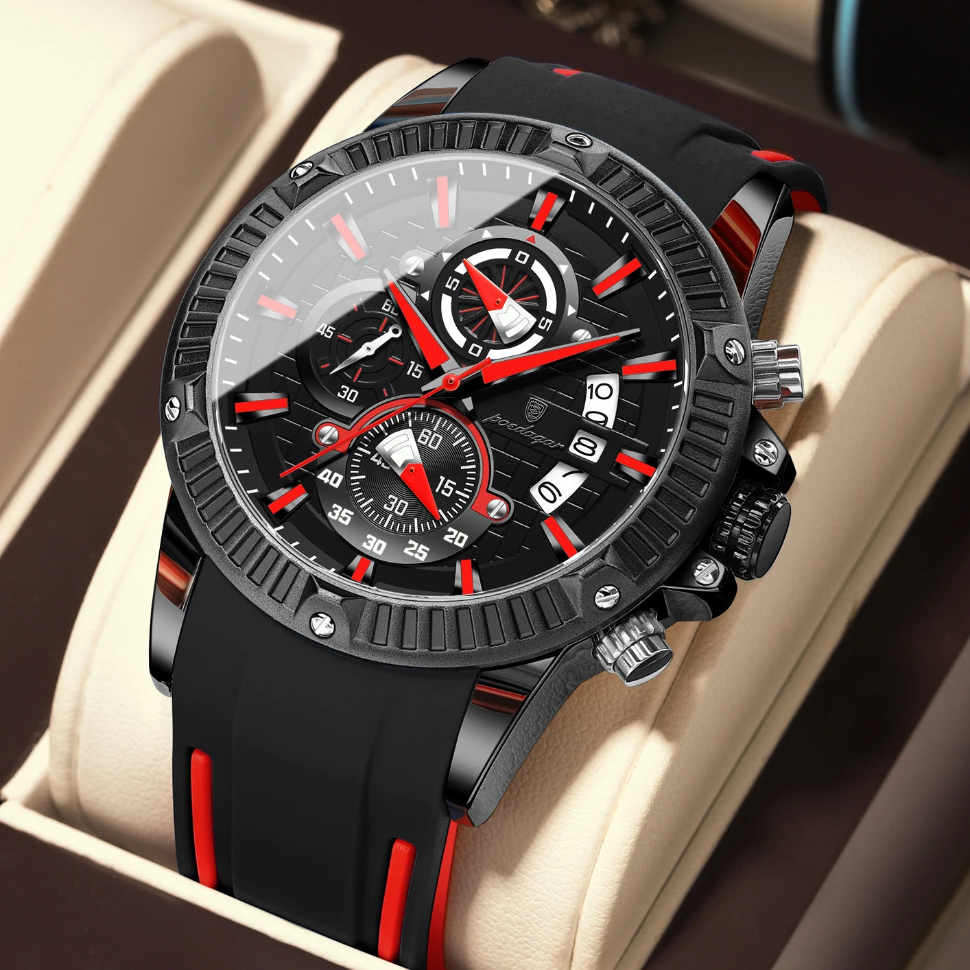 POEDAGAR Luxury Men Watch Silicone Strap Chronograph Date Man Wristwatch