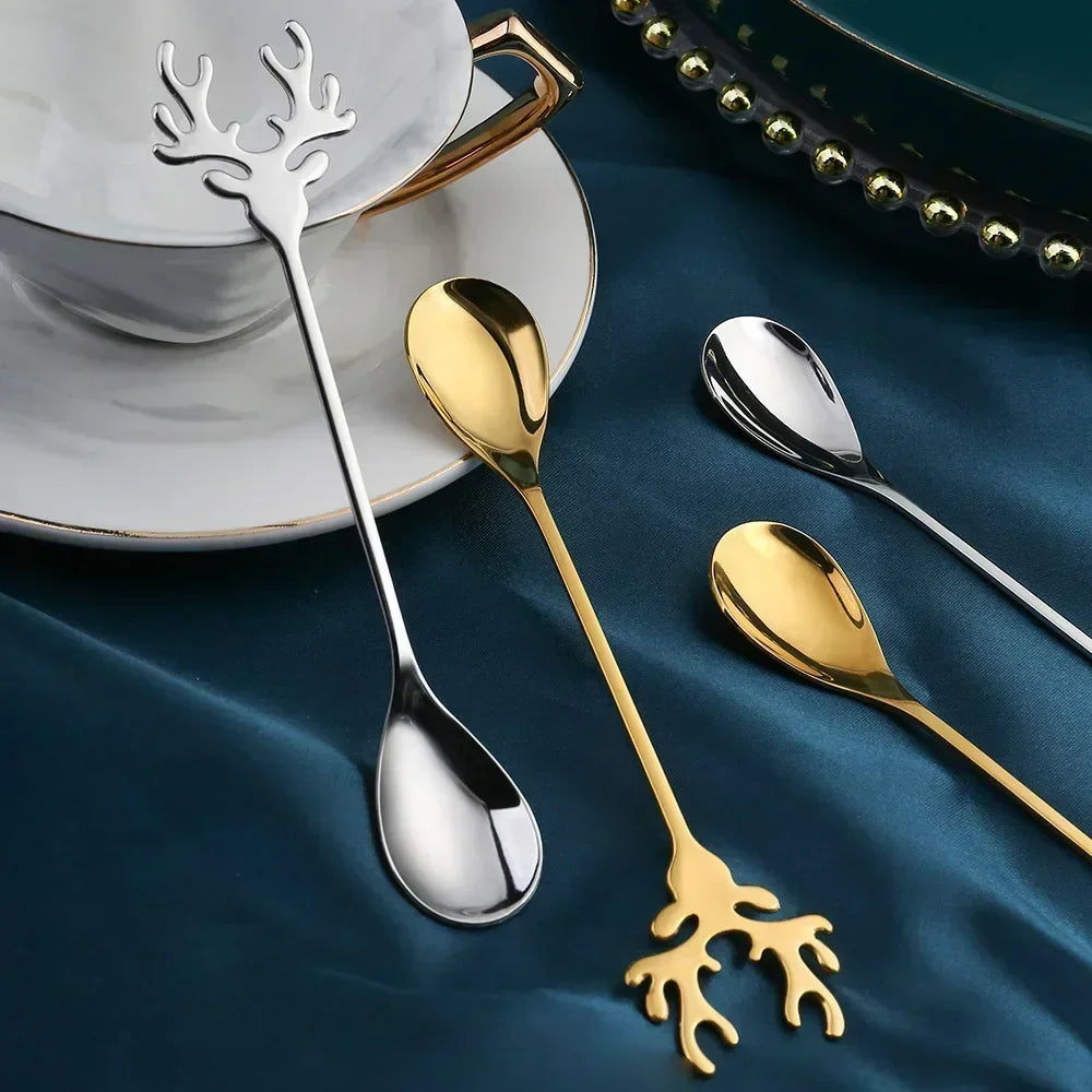 4pcs Christmas Elk Head Shape Stainless Coffee Spoon Christmas Decoration