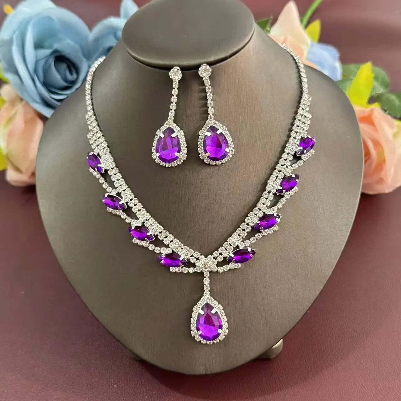 Rhinestone necklace earring set, bridal jewelry, purple water droplet jewelry