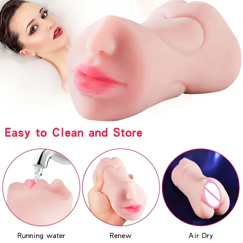 3 in 1 Male Masturbator Pocket Pussy 3D Textured Male Sex Toys with Sexy Mouth