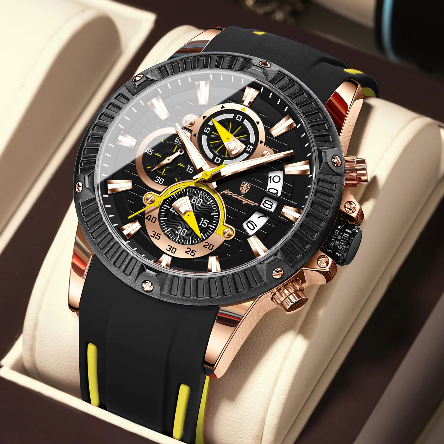 POEDAGAR Luxury Men Watch Silicone Strap Chronograph Date Man Wristwatch