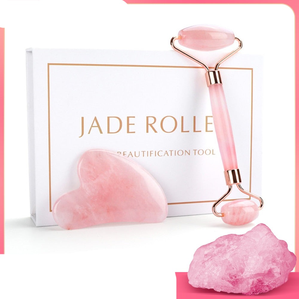 Natural Rose Quartz Facial Massager Face Roller Gua Sha Scraper