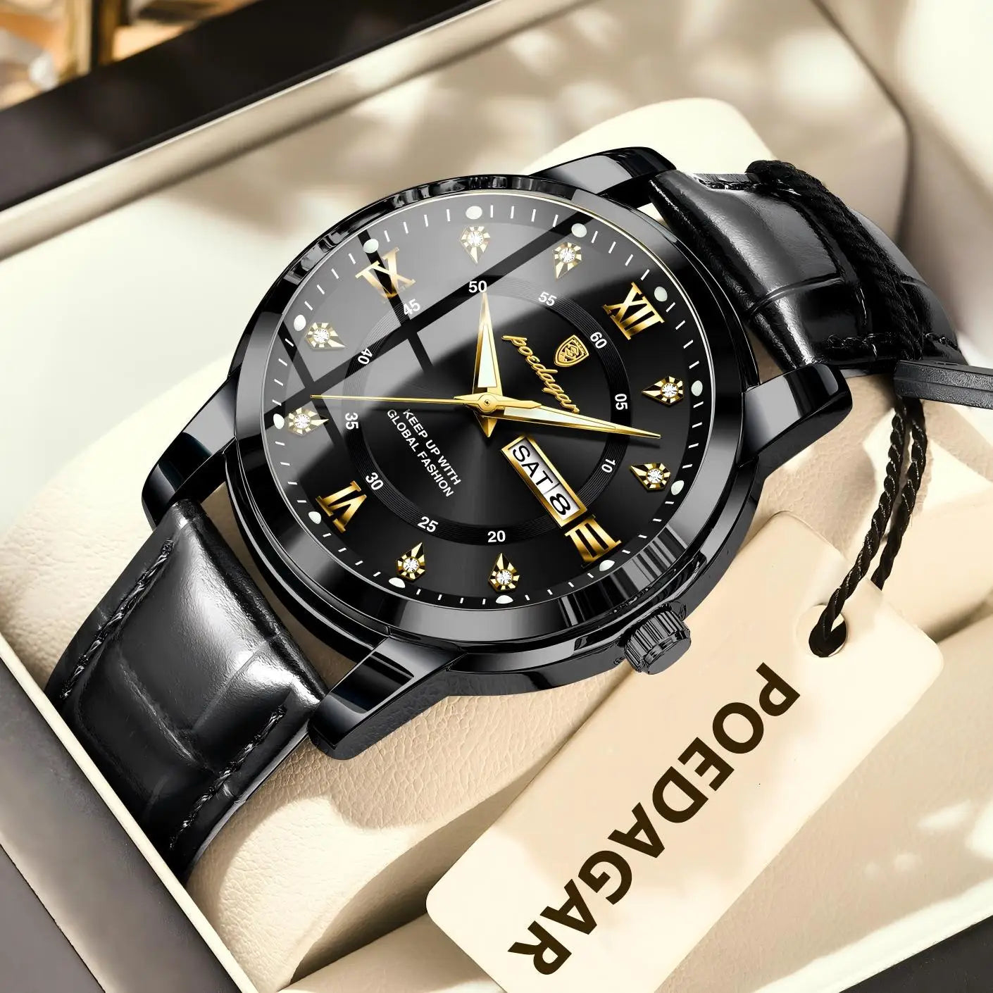 POEDAGAR Luxury Man Watch Waterproof Luminous Leather Men Wristwatch