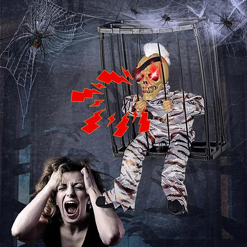 Halloween Hanging Ghost In Cage Prop Statue Voice Control Cage Design Luminous Skull