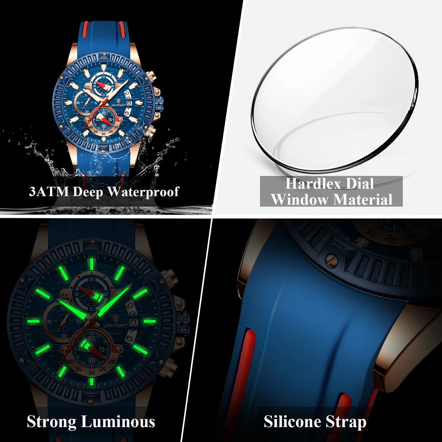 POEDAGAR Luxury Men Watch Silicone Strap Chronograph Date Man Wristwatch