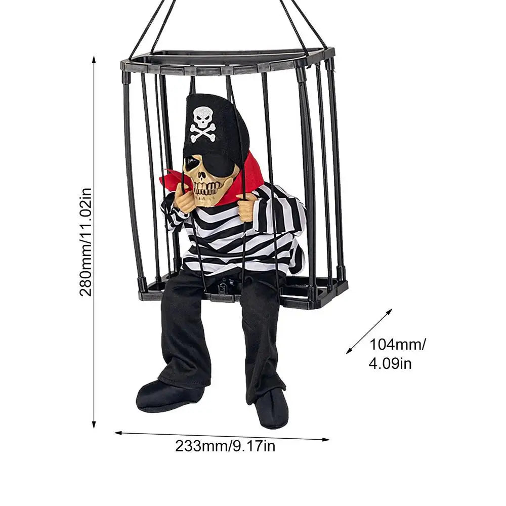 Halloween Hanging Ghost In Cage Prop Statue Voice Control Cage Design Luminous Skull