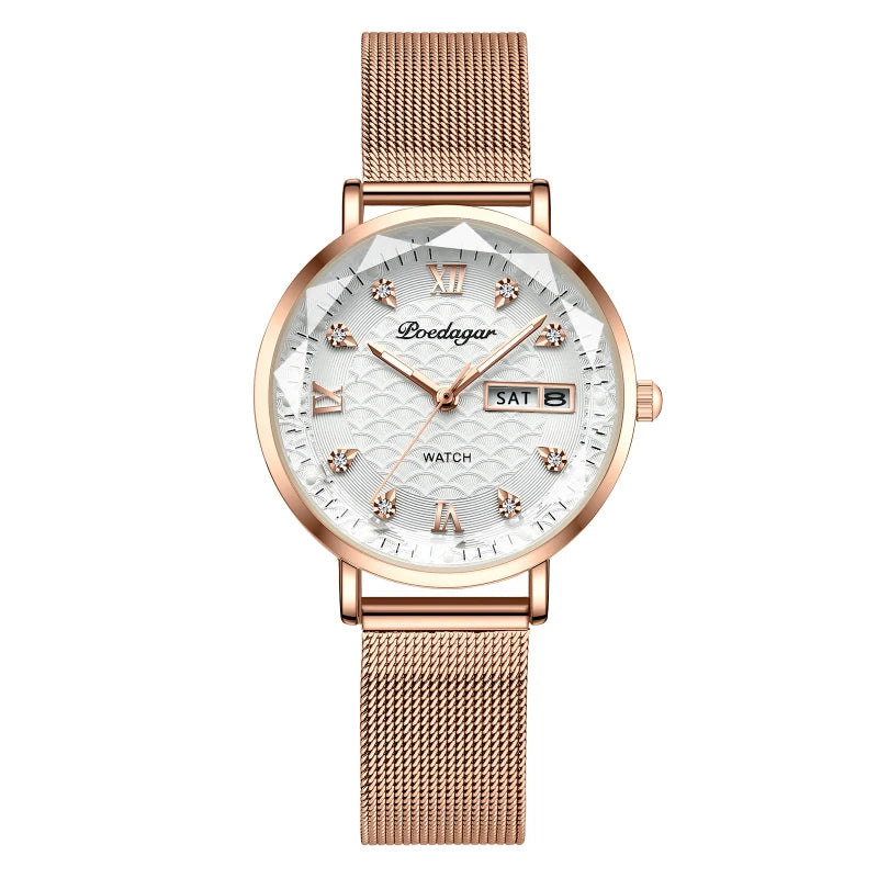 POEDAGAR Original Luxury Women Watch Week Date Waterproof Steel Woman Watch