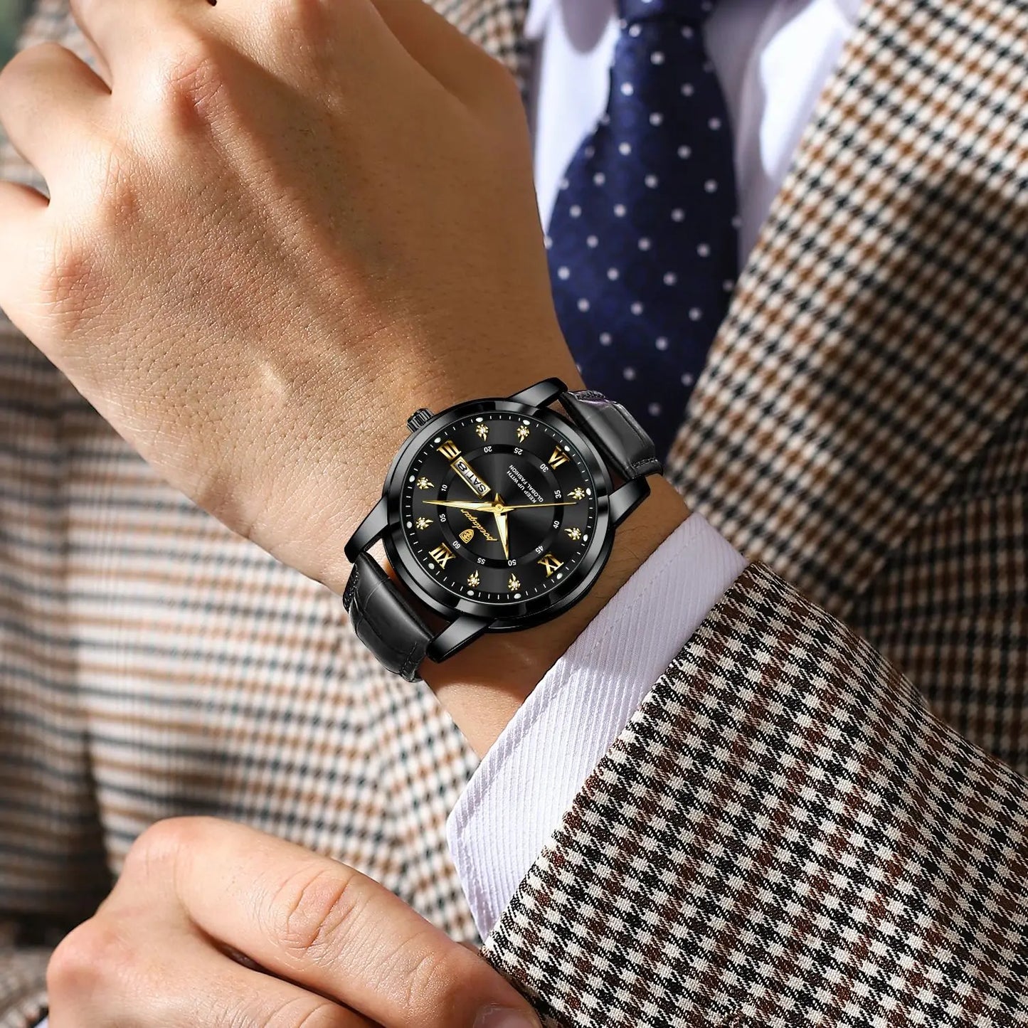 POEDAGAR Luxury Man Watch Waterproof Luminous Leather Men Wristwatch