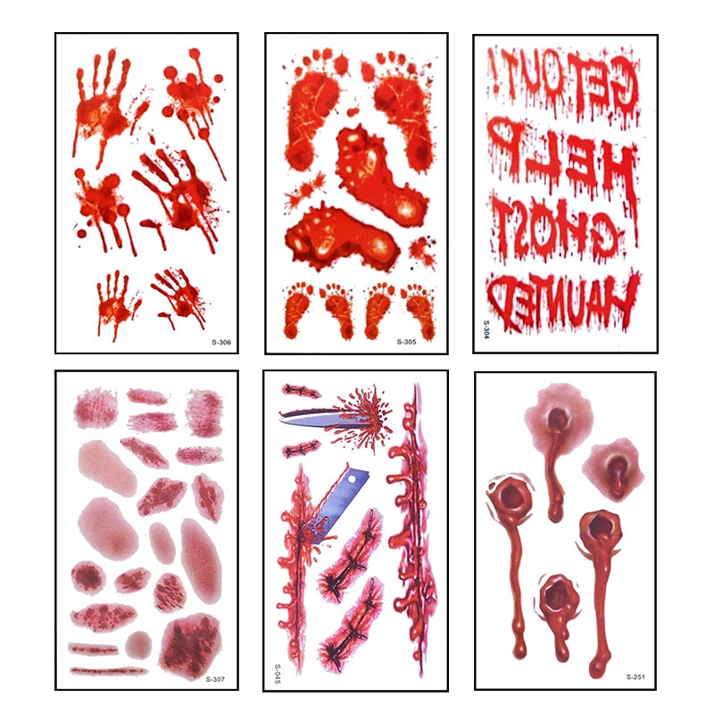 6pcs Halloween Bloody Wound Tattoo Stickers Trick Scary Waterproof Temporary Tattoo
