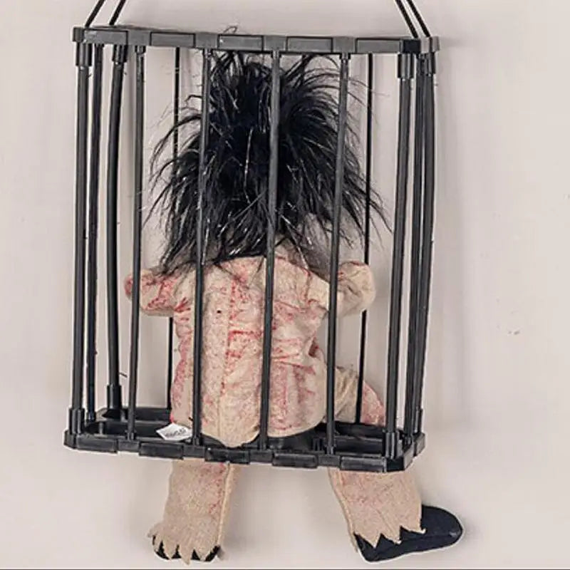 Halloween Hanging Ghost In Cage Prop Statue Voice Control Cage Design Luminous Skull
