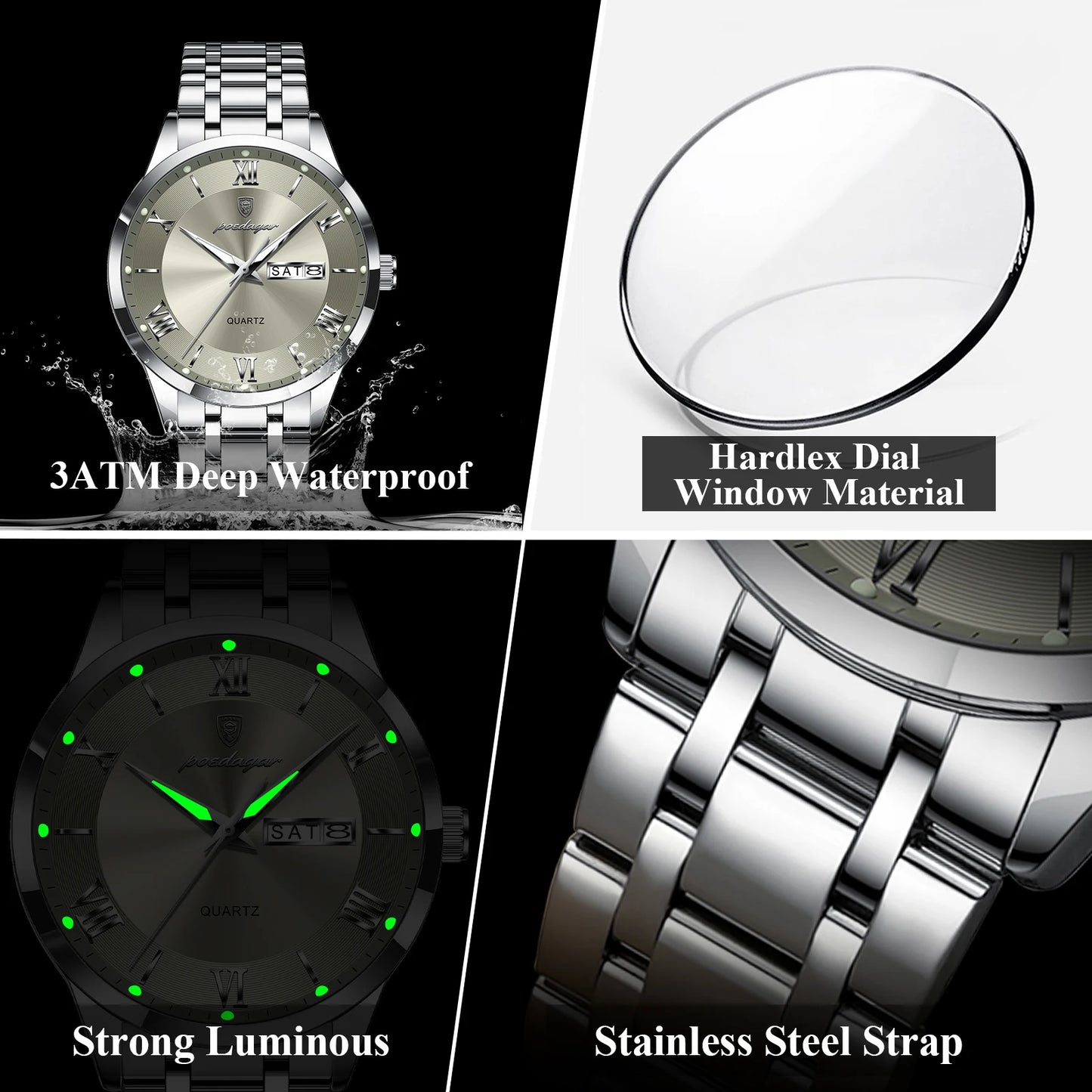 POEDAGAR Luxury Fashion Men Waterproof Luminous Date Week Man Wristwatch