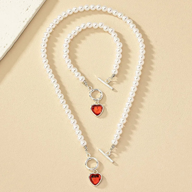 Pearl Necklace Bracelet Suit Red Heart Shape Pendant Collar Chain