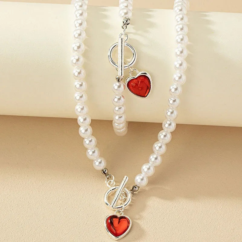 Pearl Necklace Bracelet Suit Red Heart Shape Pendant Collar Chain