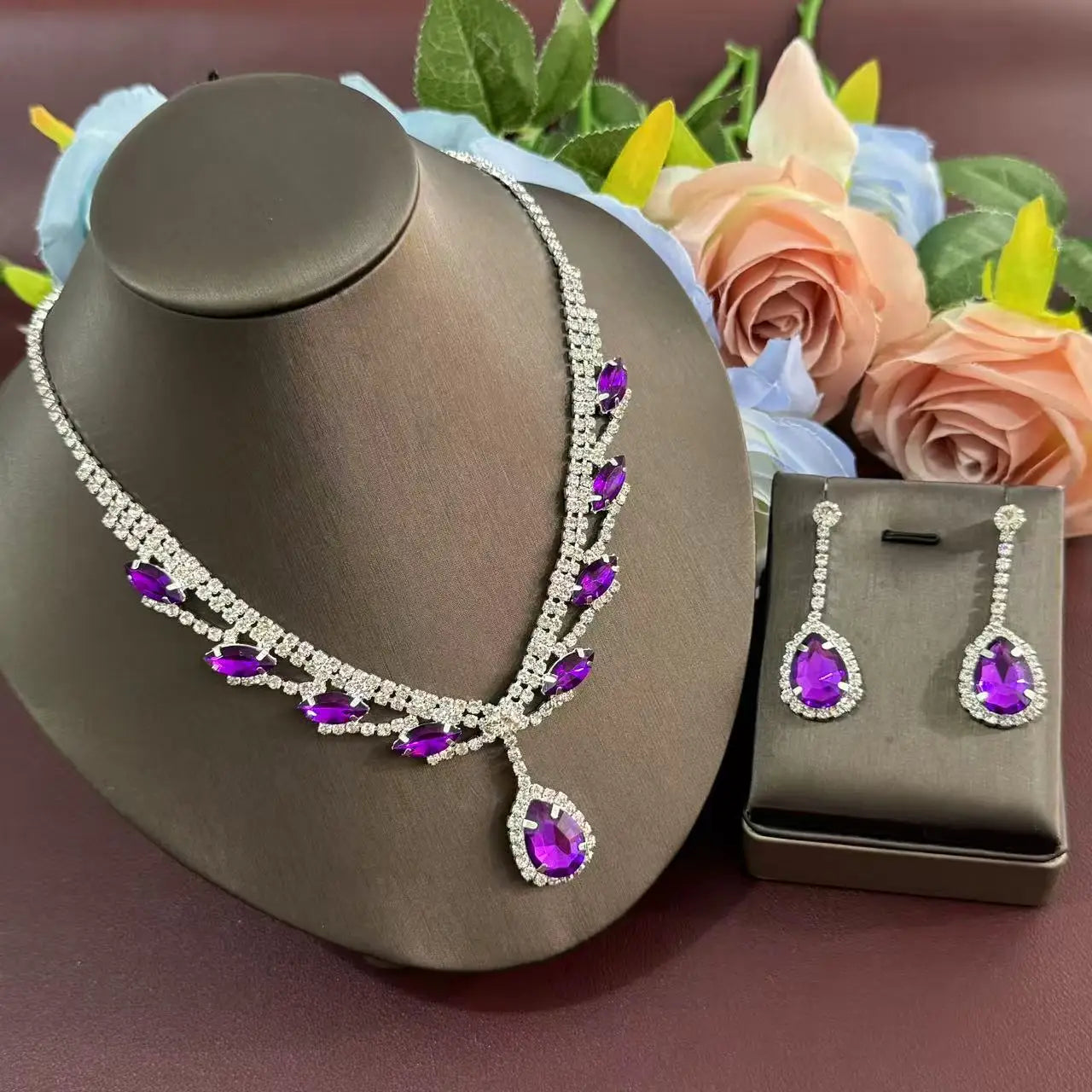 Rhinestone necklace earring set, bridal jewelry, purple water droplet jewelry