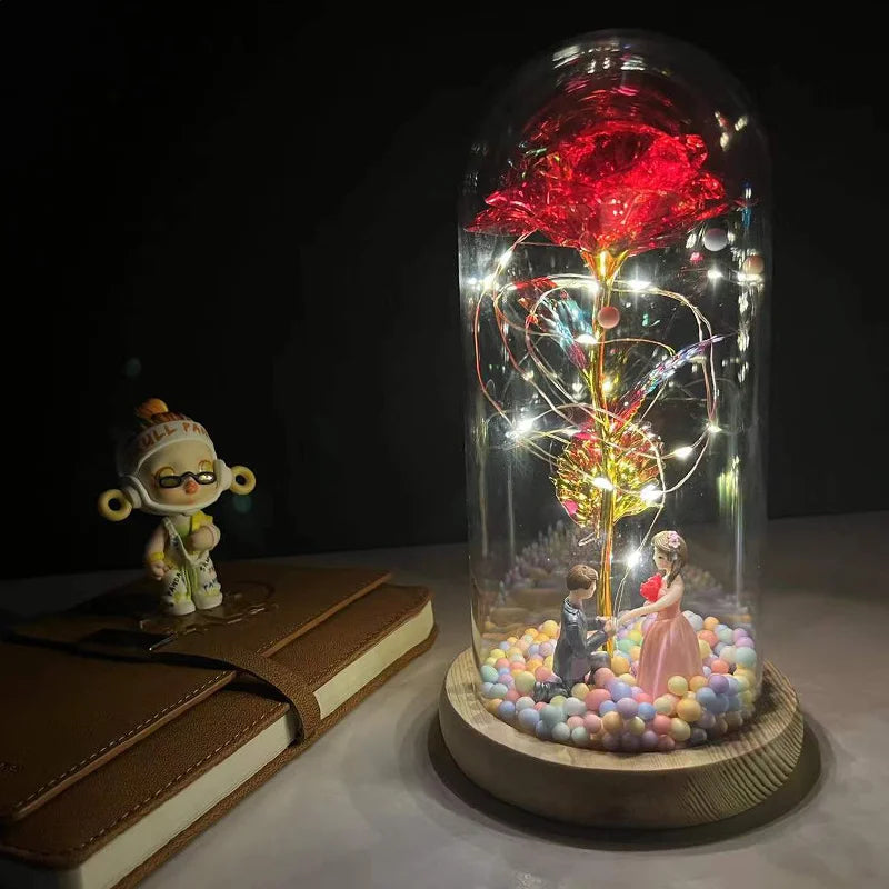 Rose Flower With Fairy String Lights In Dome For Christmas Valentine's Day Gift