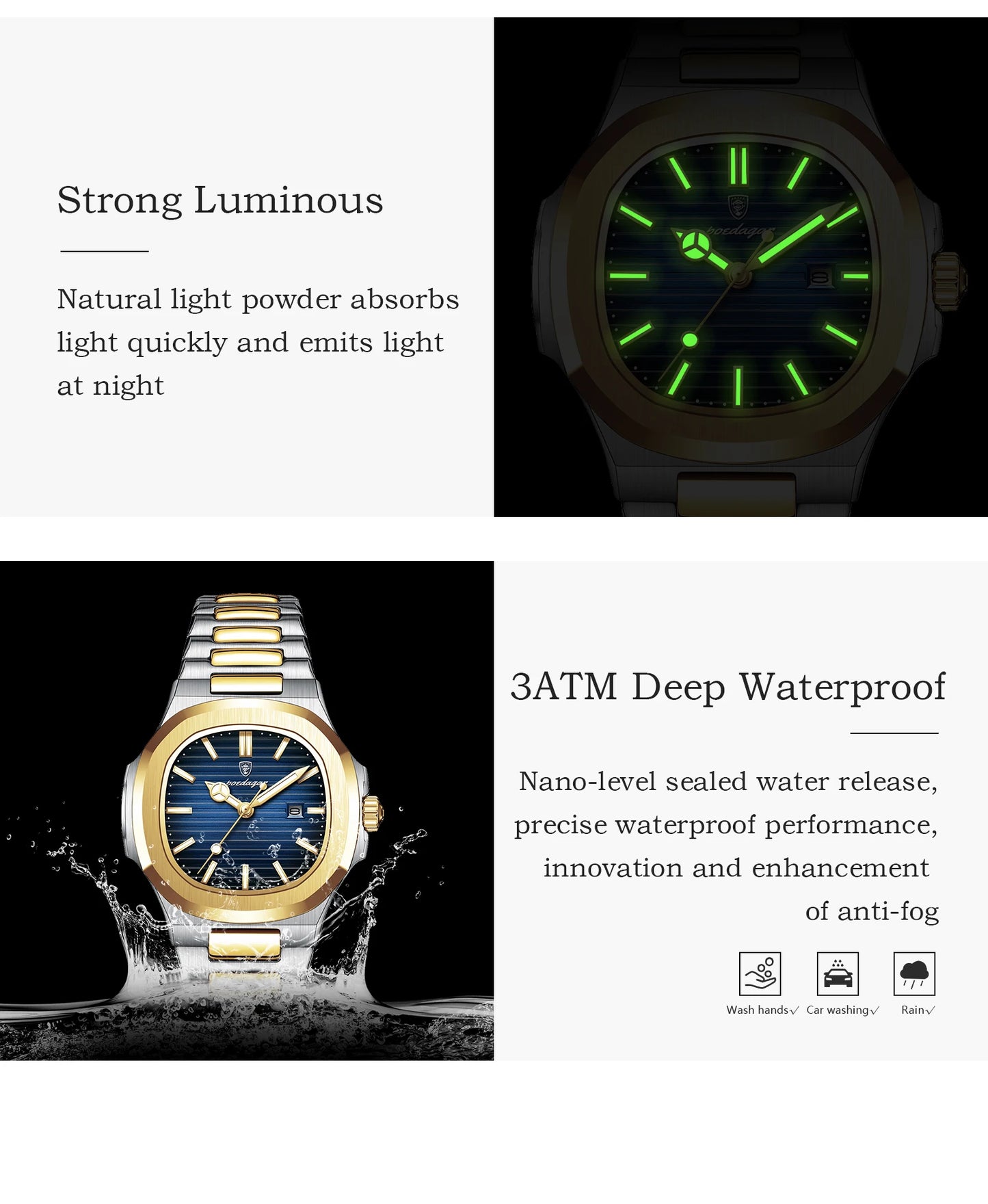 POEDAGAR Luxury Square Watch for Woman Waterproof Luminous Date Ladies Watch