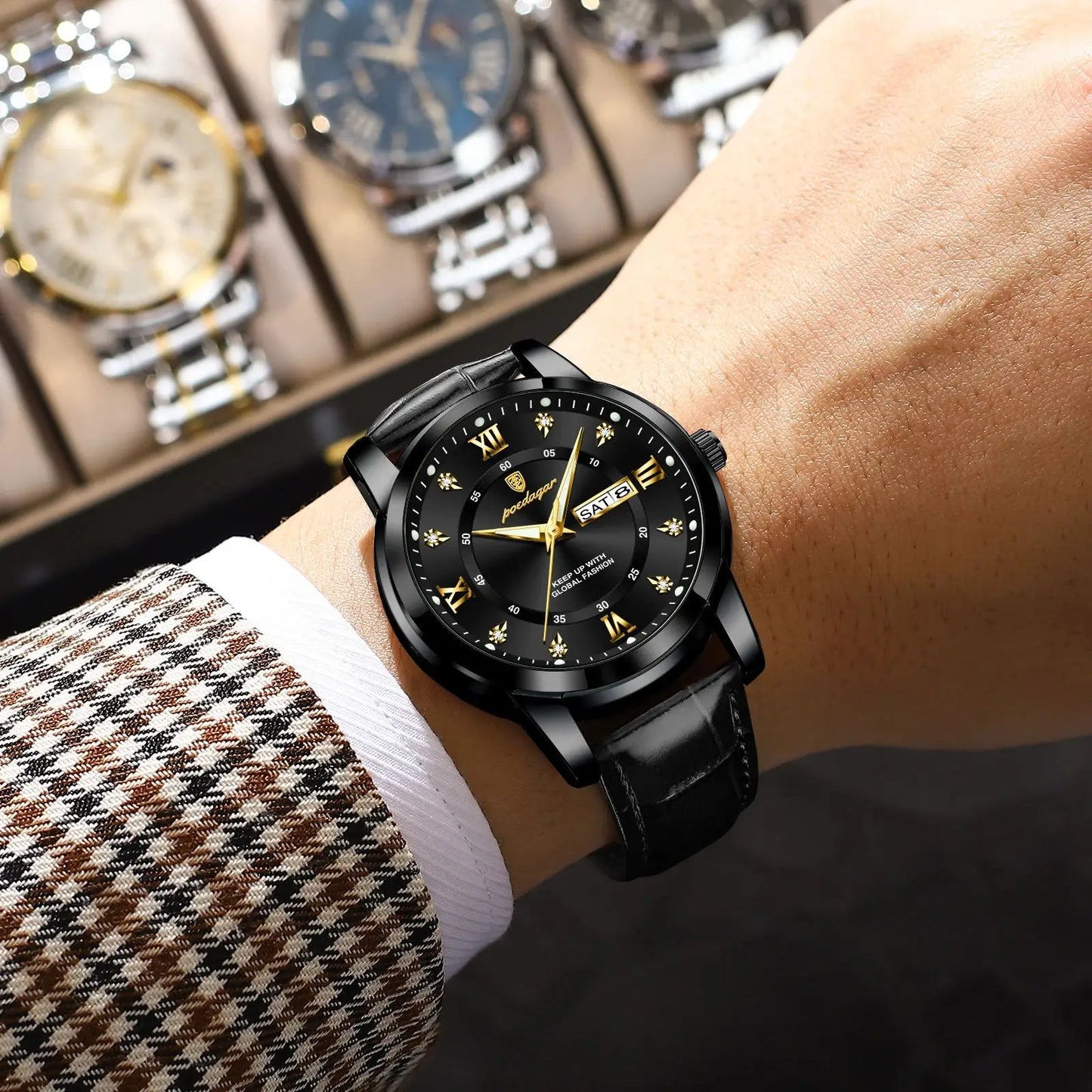POEDAGAR Luxury Man Watch Waterproof Luminous Leather Men Wristwatch