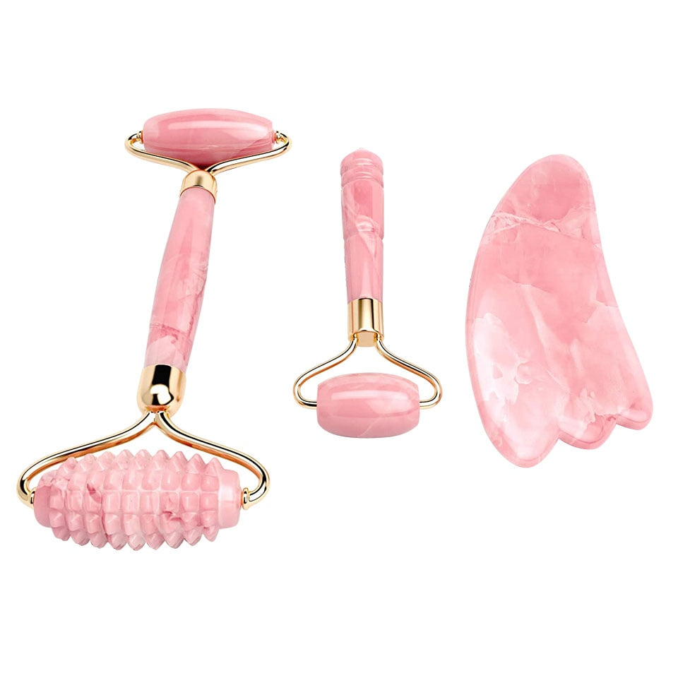 Rose Quartz Roller Set for Face Natural Facial Crystal Massager
