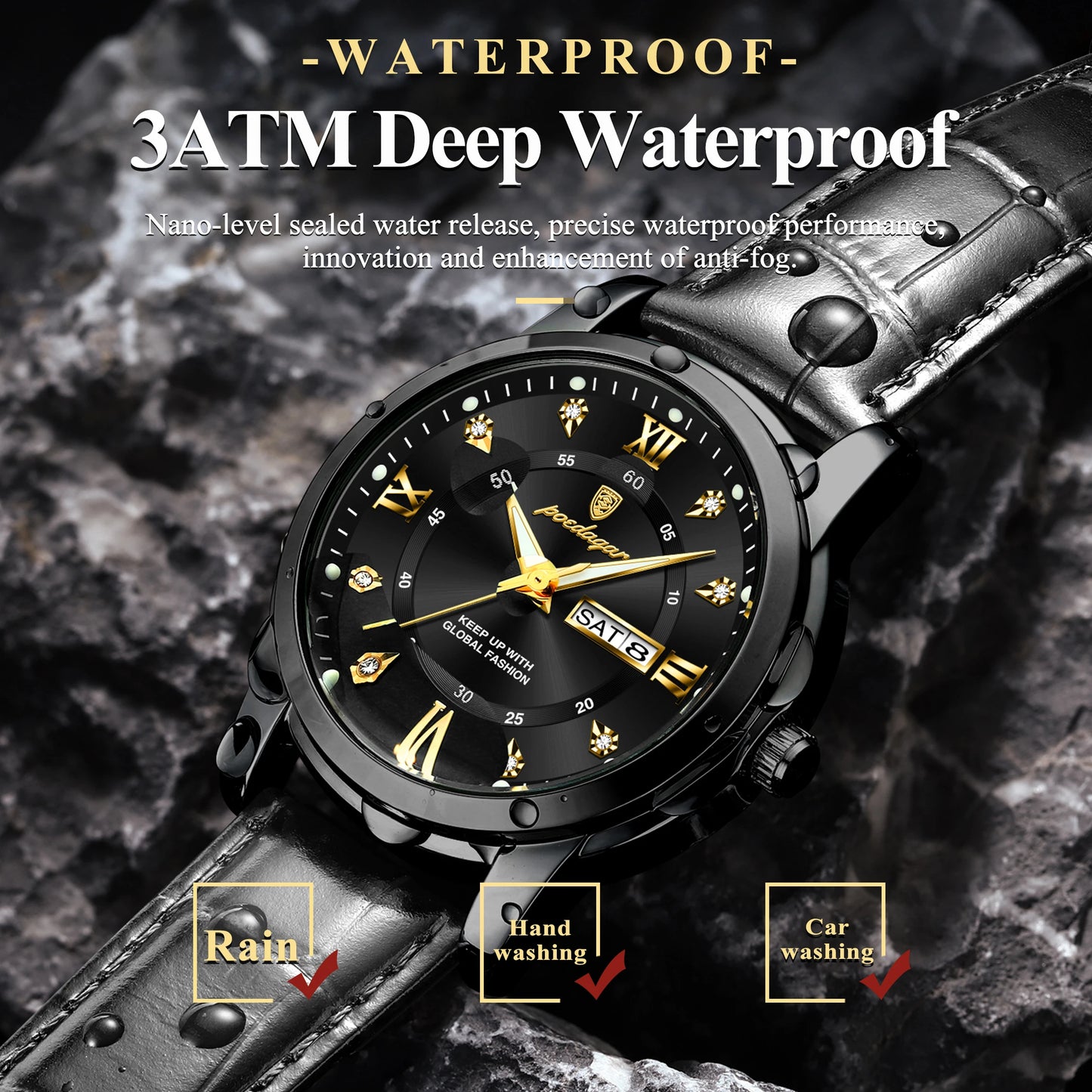 POEDAGAR Luxury Man Watch Waterproof Luminous Leather Men Wristwatch