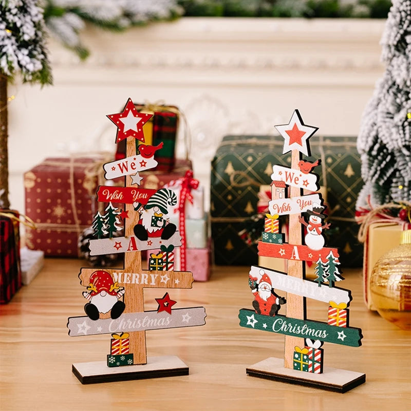 Wooden Christmas Tree Desktop Ornament Santa Claus Merry Christmas Sign