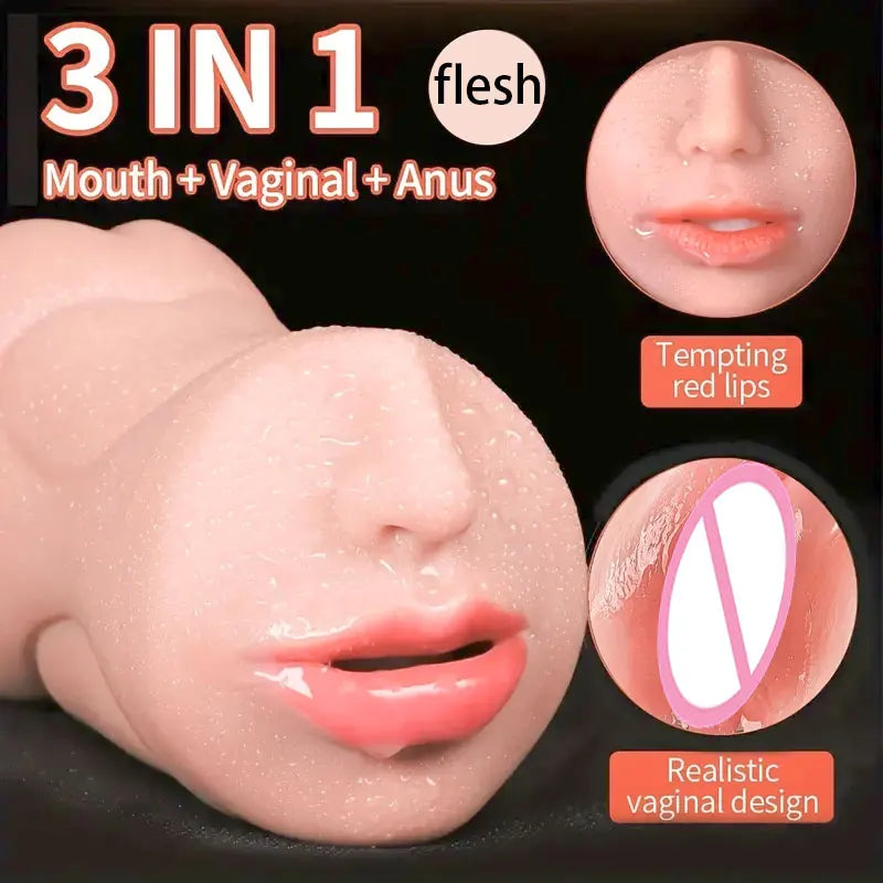 3 in 1 3D Textured Male Sex Toys with Sexy Mouth Realistic Vaginal and Tight Anus