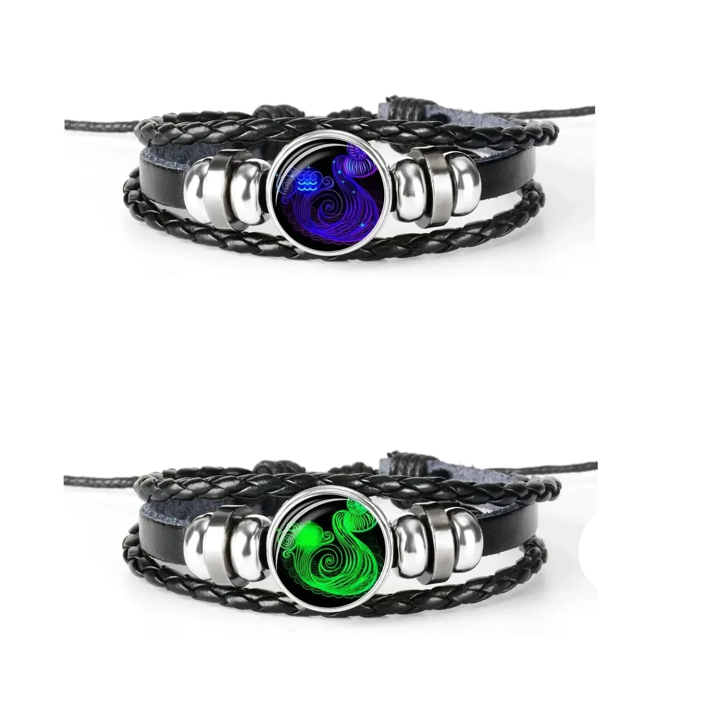 12 Constellation Zodiac Sign Black Braided Leather Bracelet