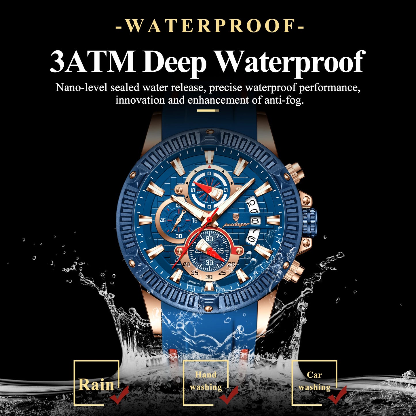 POEDAGAR Luxury Men Watch Silicone Strap Chronograph Date Man Wristwatch