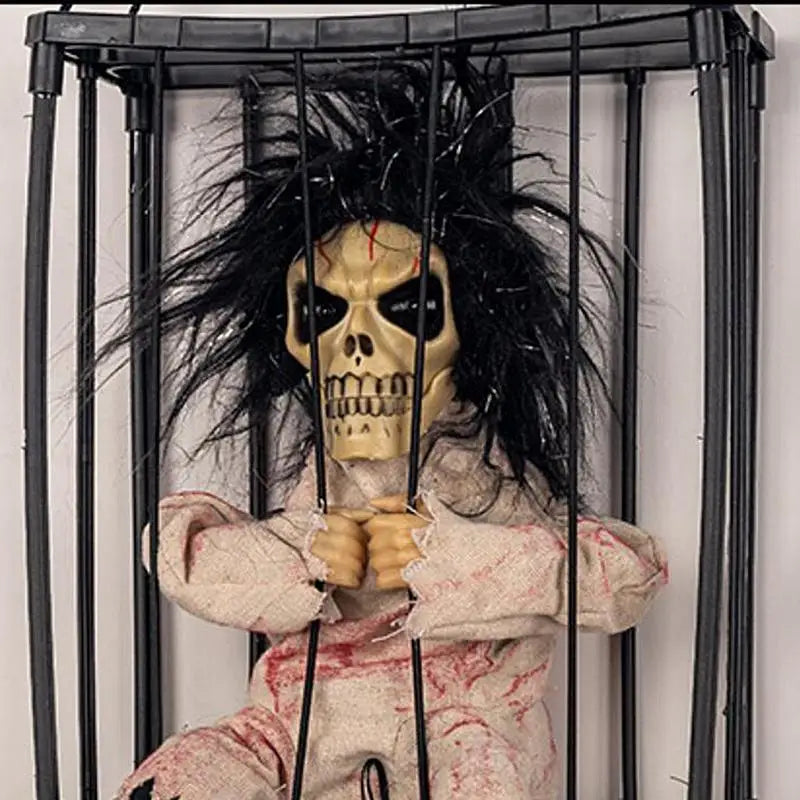 Halloween Hanging Ghost In Cage Prop Statue Voice Control Cage Design Luminous Skull