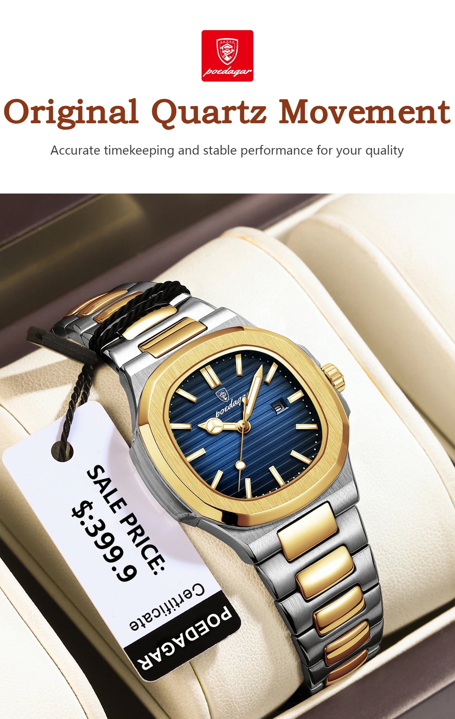POEDAGAR Luxury Square Watch for Woman Waterproof Luminous Date Ladies Watch