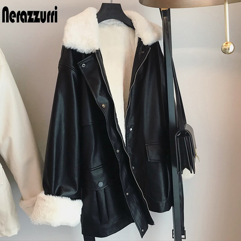 Winter Oversized Leather Jacket Women Warm Soft Thickened Fur Lined Coat