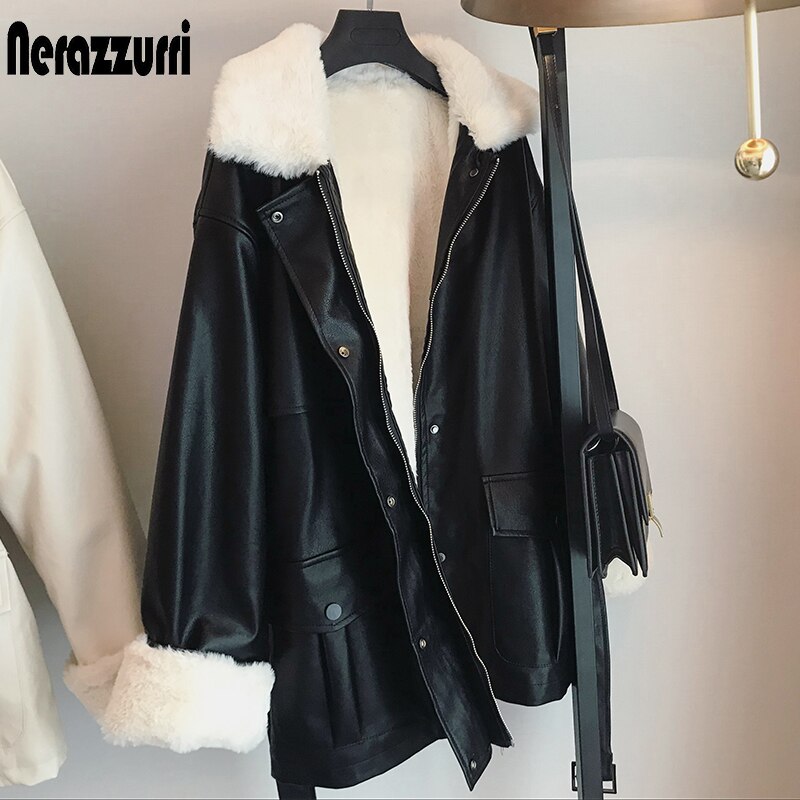 Winter Oversized Leather Jacket Women  Warm Soft Thickened Fur Lined Coat