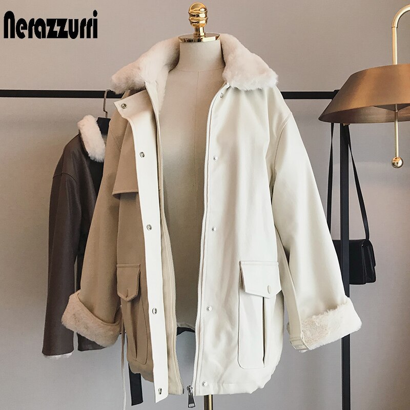 Winter Oversized Leather Jacket Women Warm Soft Thickened Fur Lined Coat