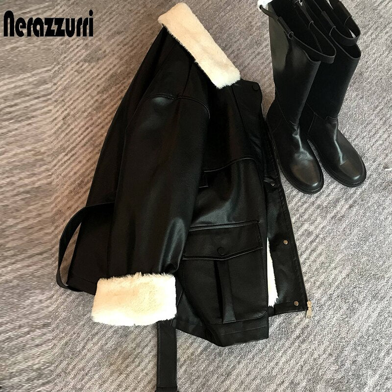 Winter Oversized Leather Jacket Women Warm Soft Thickened Fur Lined Coat