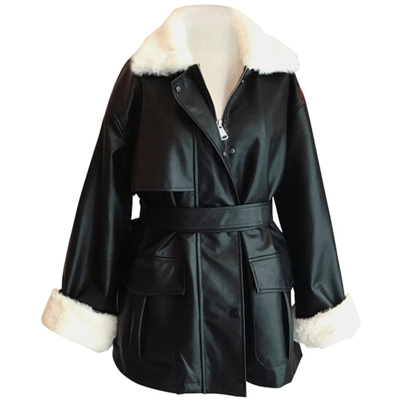 Winter Oversized Leather Jacket Women Warm Soft Thickened Fur Lined Coat