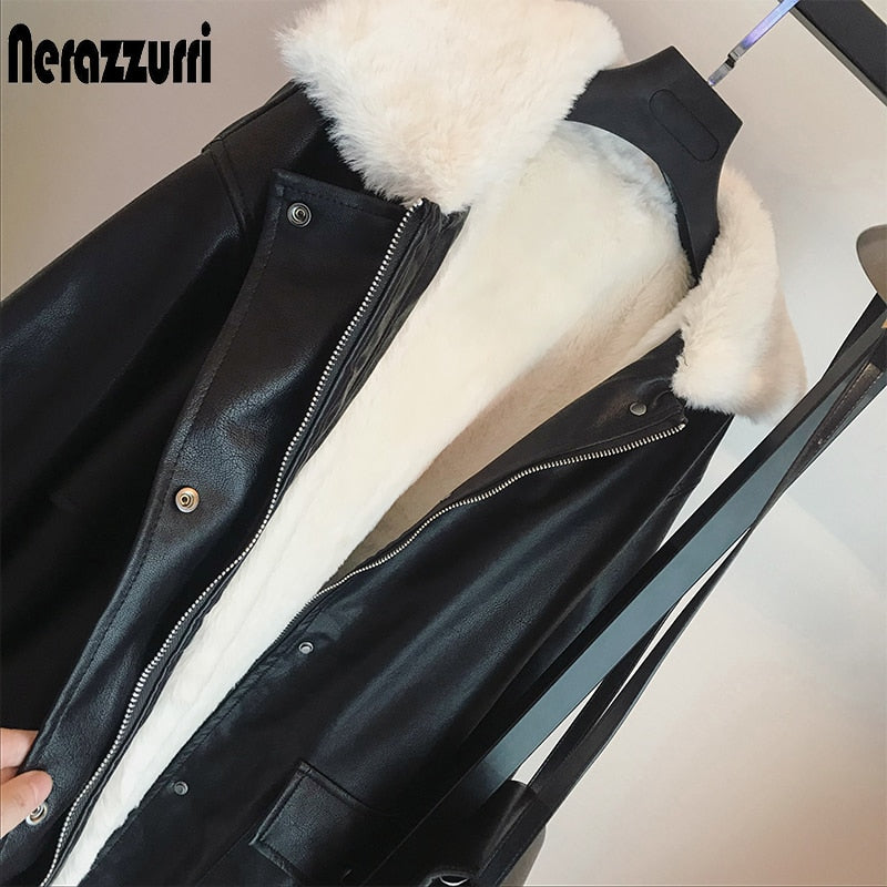 Winter Oversized Leather Jacket Women  Warm Soft Thickened Fur Lined Coat