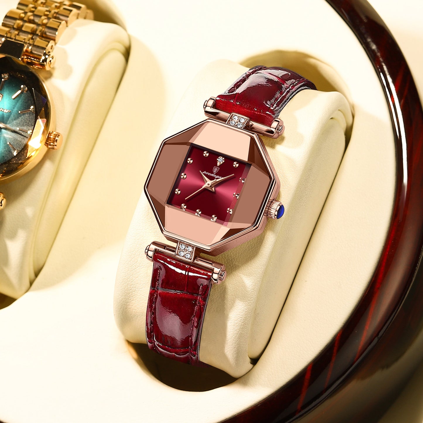 Fashion Square Diamond Leather Quartz Waterproof Ladies Wristwatch