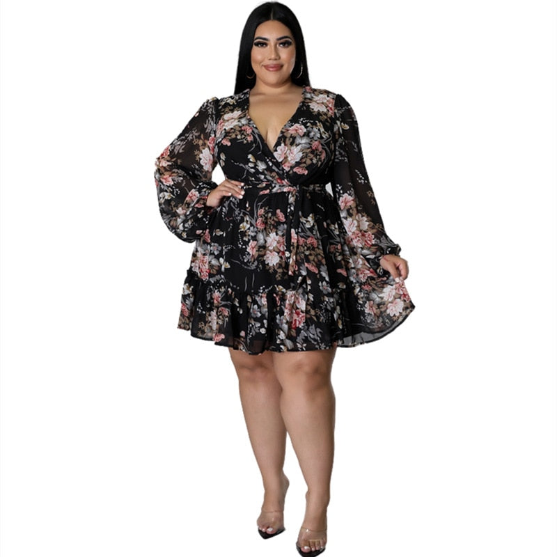 Plus Size Women Flower Print  V Neck  Out Long Sleeve Dress