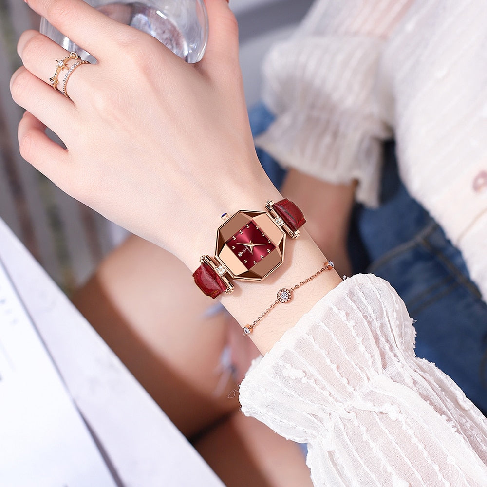 Fashion Square Diamond Leather Quartz Waterproof Ladies Wristwatch