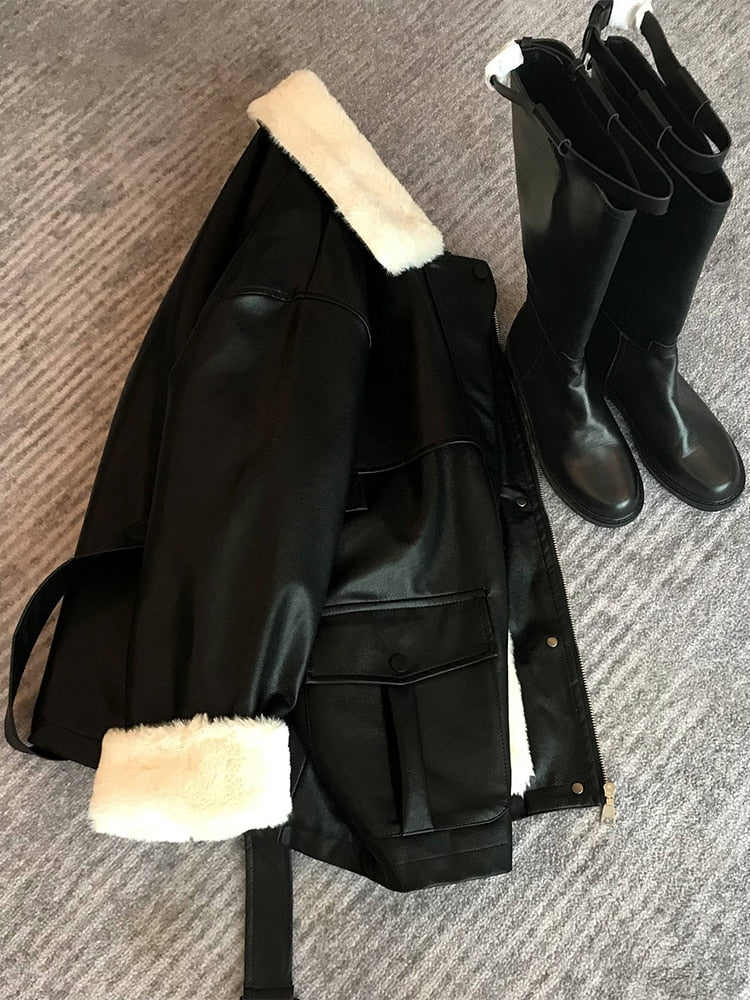 Winter Oversized Leather Jacket Women Warm Soft Thickened Fur Lined Coat