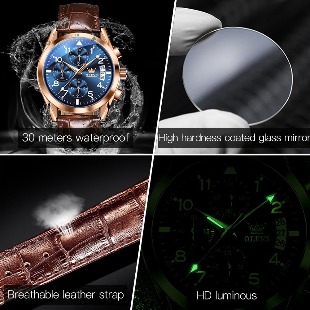 Waterproof Luminous Leather Date Sports Male Wrist watch