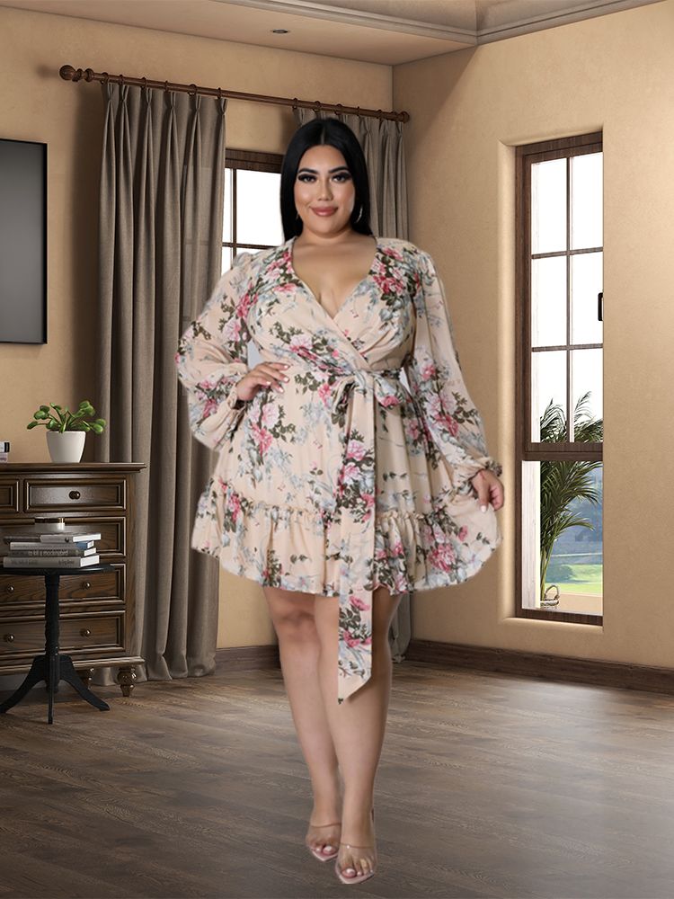 Plus Size Women Flower Print V Neck Out Long Sleeve Dress